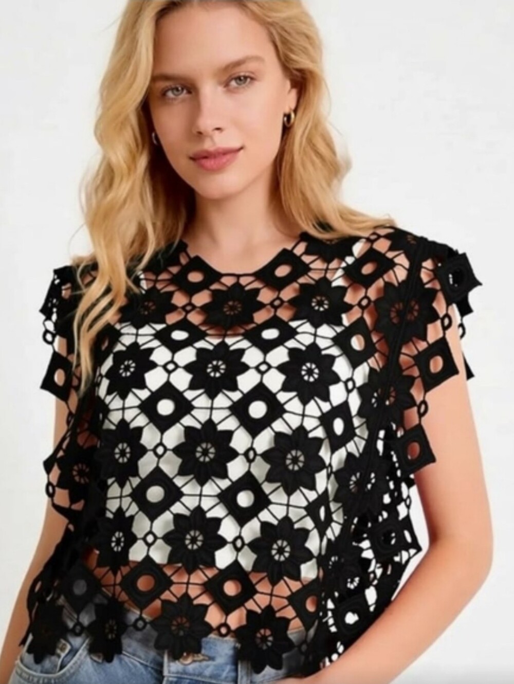 Crochet Cut Out Floral Lace Vest/ Cover Up Top - Picture 2 of 13